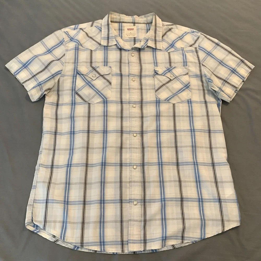 Levi's Western Shirt‎ Mens XL White Blue Plaid Short Sleeve Button Front Vintage
